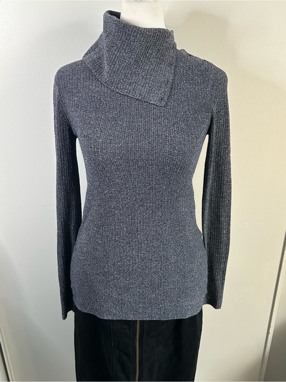 Theory Navy Marled Ribbed Knit Asymmetrical Fold-Over Turtleneck Sweater